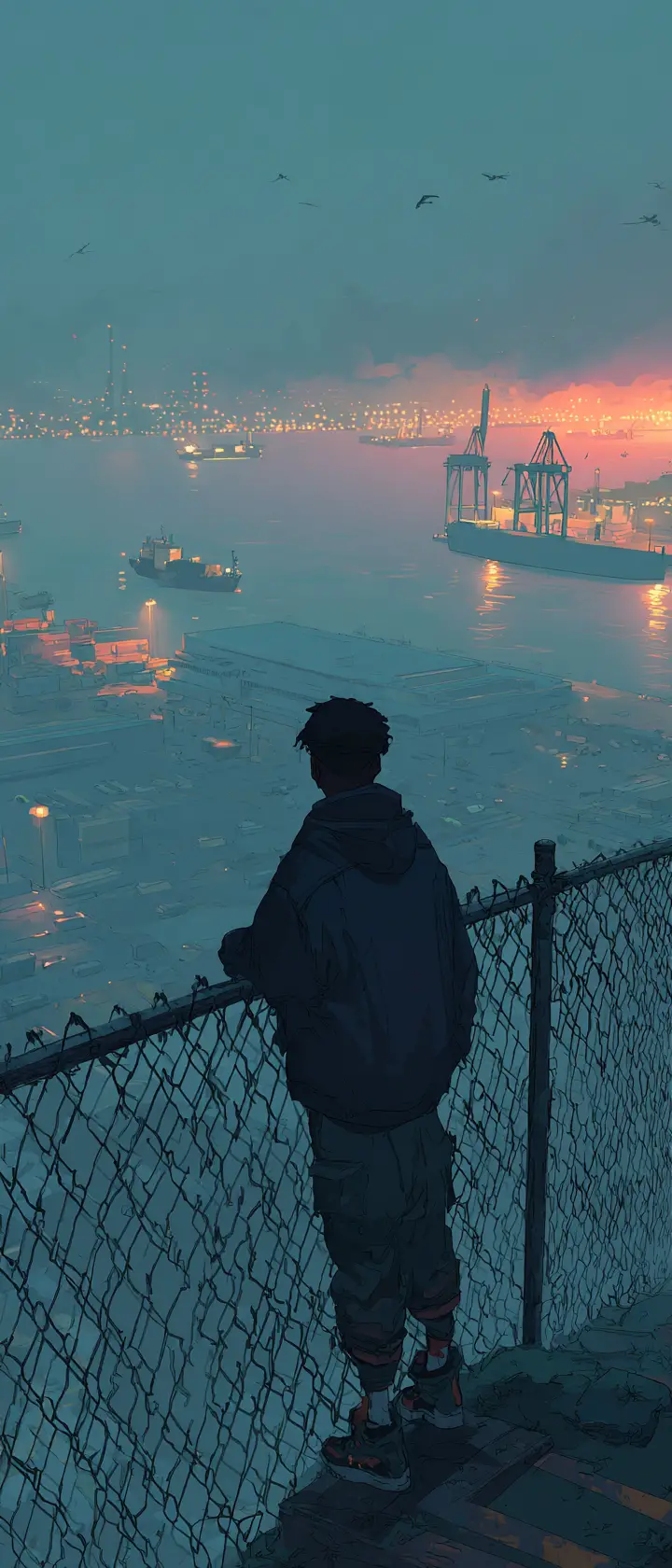 Young man by fence watching cargo ship leave at dusk