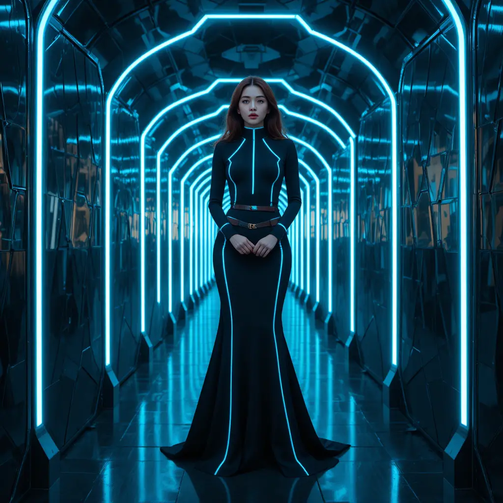 Femme coréenne en robe noire néon dans un couloir miroir
