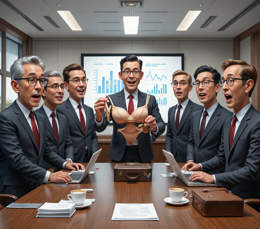 Businessmen reacting to unexpected lingerie in office meeting