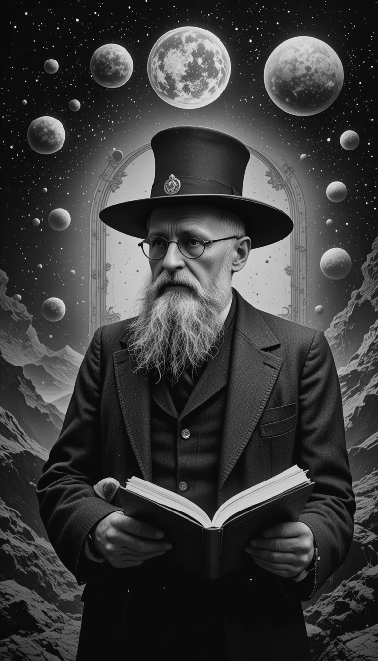 Elderly Man In Suit Reading Amid Surreal Cosmic Space