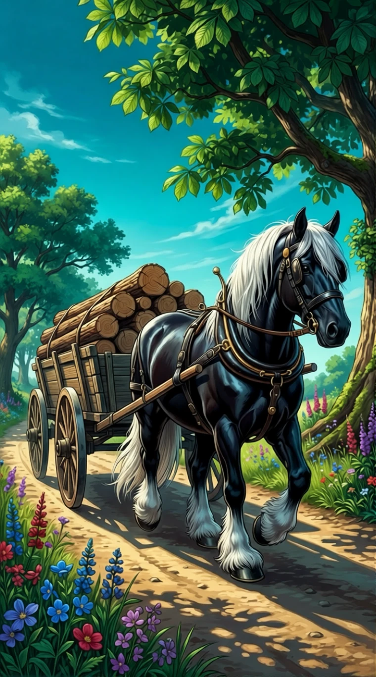 Black draft horse pulling a wooden log cart in spring