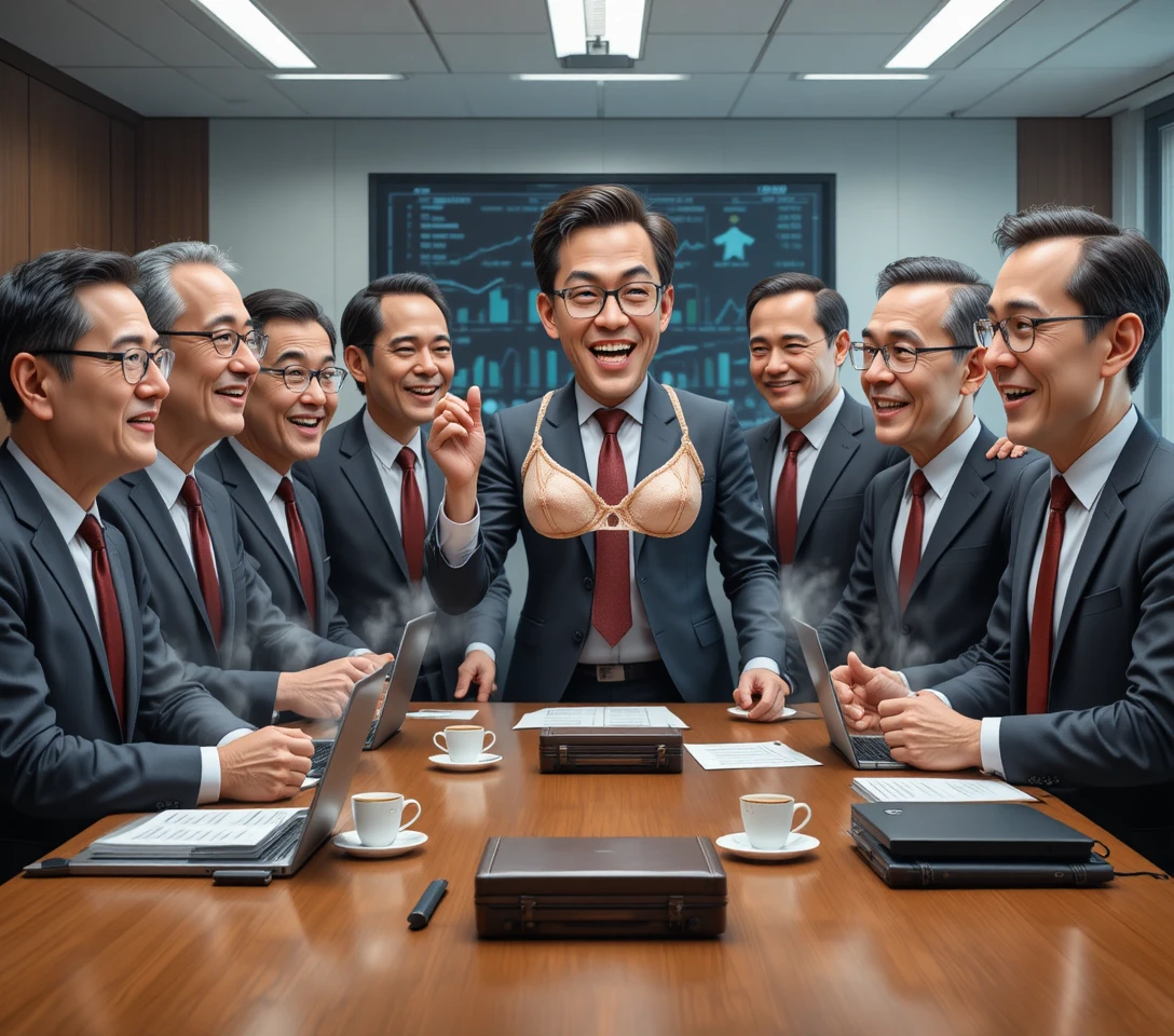 현대 사무실 회의에서 속옷에 반응하는 비즈니스맨들