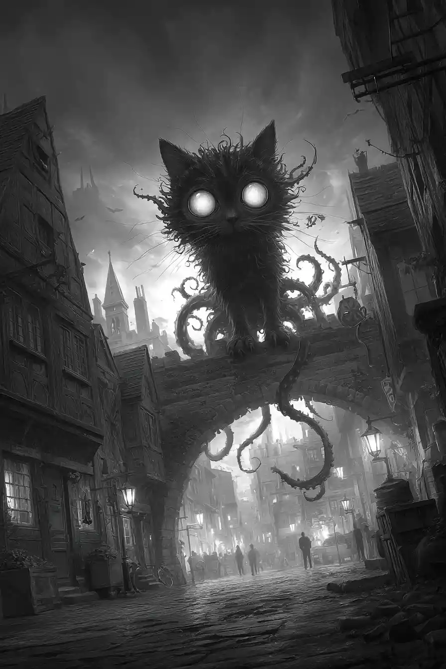 Monstrous tentacled beast rising on a dark village street