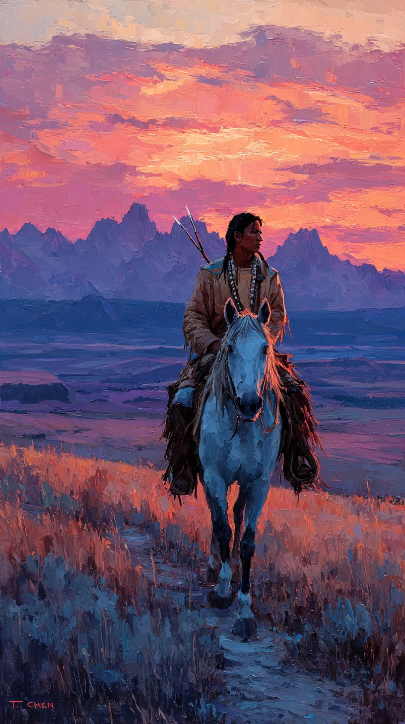 Lakota rider on a paint horse crossing sunset plains
