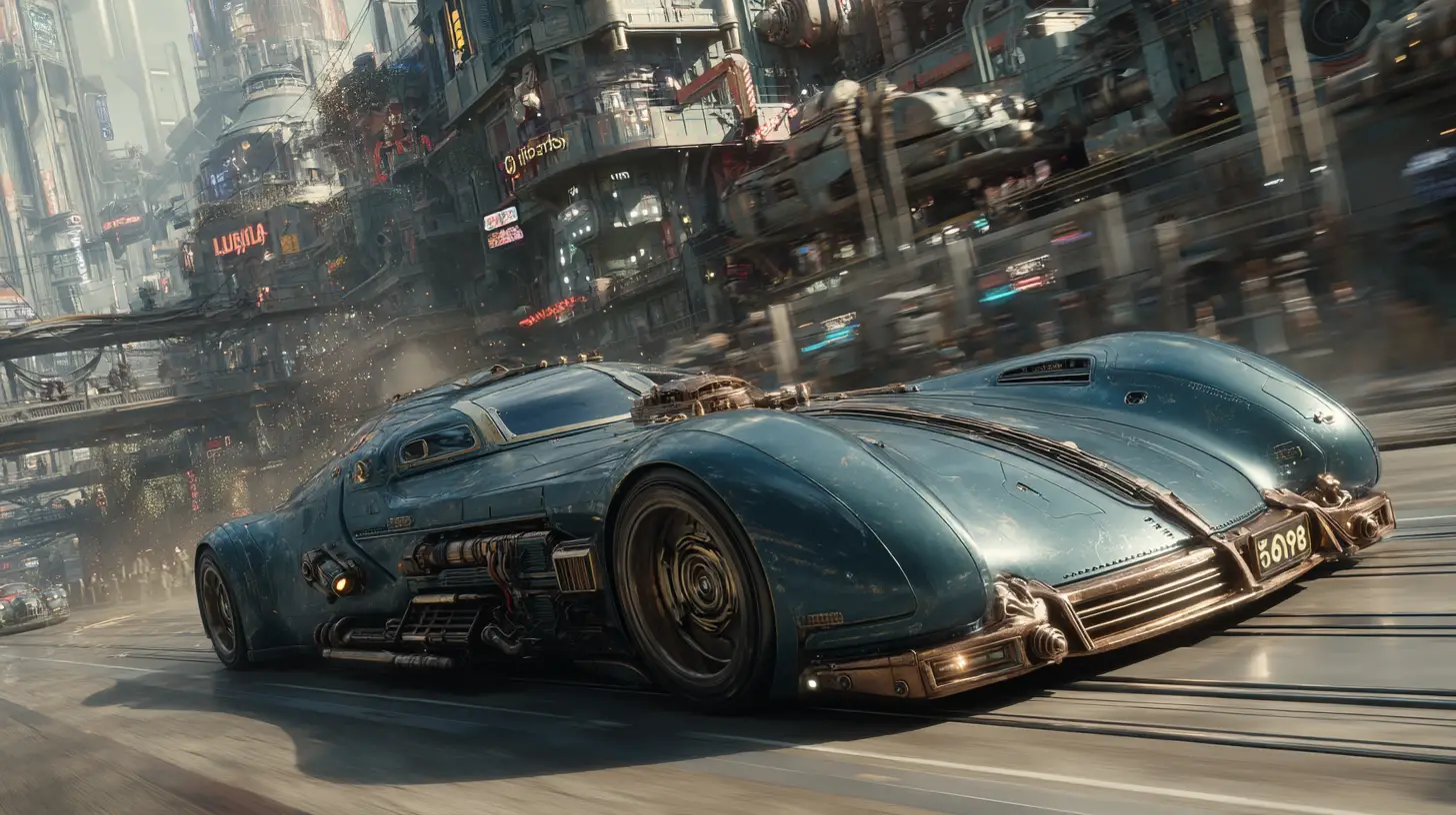 Voiture de course steampunk rétrofuturiste dans un paysage urbain cyberpunk