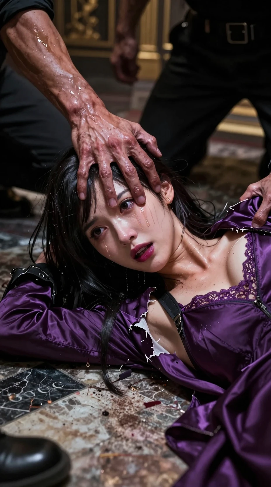 Cinematic close up of distressed woman on marble floor