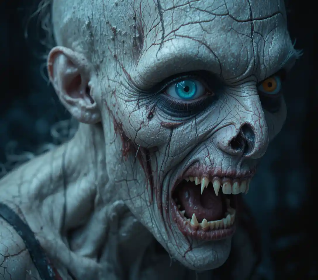Close up of a grotesque zombie creature with sharp fangs