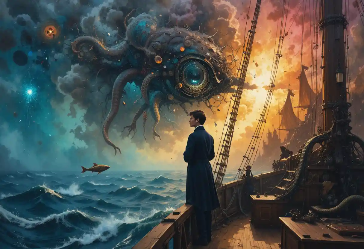 Young poet on a 19th century ship above surreal ocean