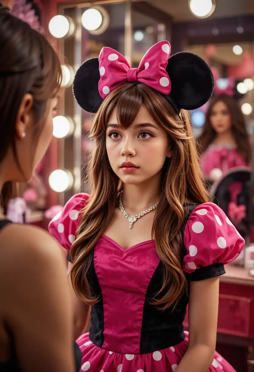 Boy in pink Minnie dress getting makeup in boutique