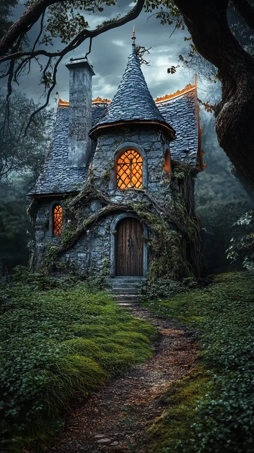 Haunted forest cottage with gothic door and eerie window light