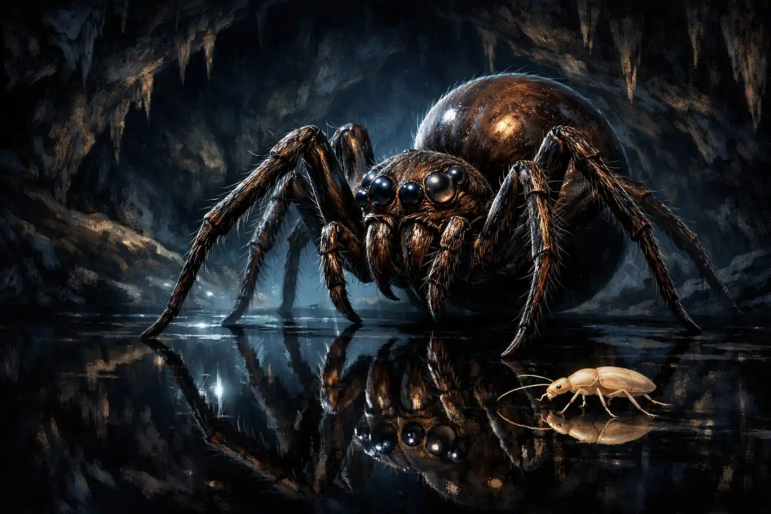 Cave spider on reflective black surface in dramatic light