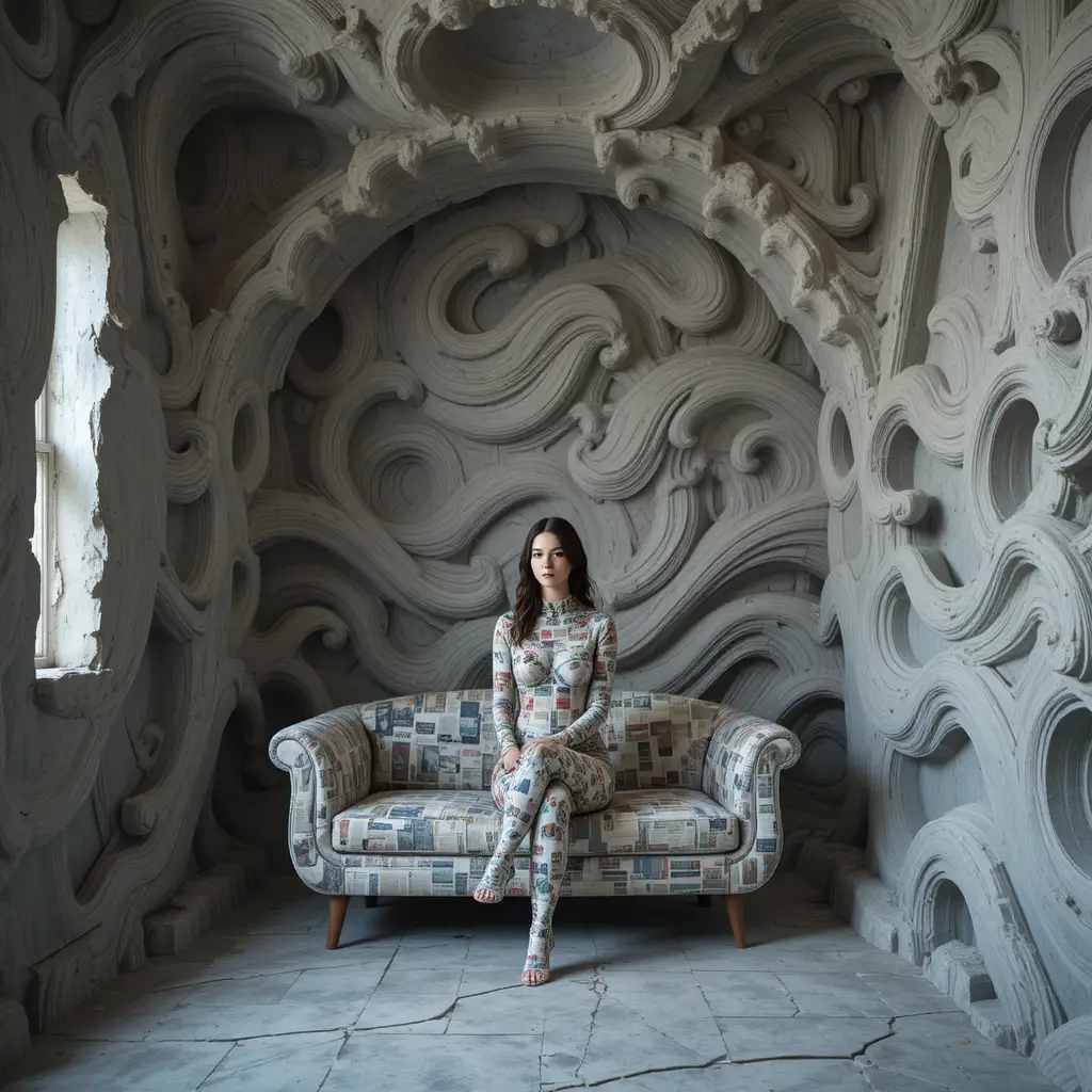 Femme surréaliste à la peau de journal dans un intérieur abstrait