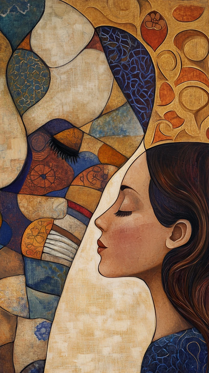 Abstract cubist woman touching foreheads with an elephant