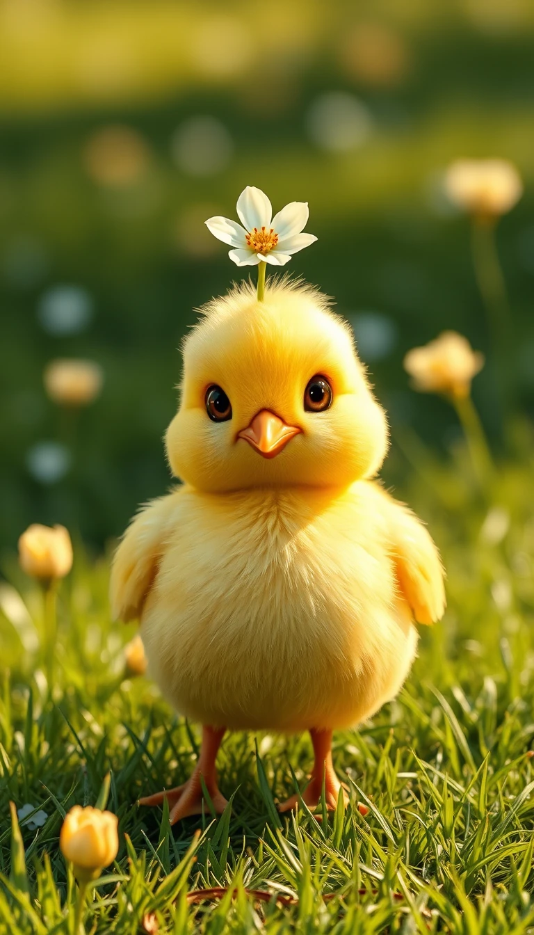Süßes gelbes Küken mit Gänseblümchen auf einer sonnigen Wiese