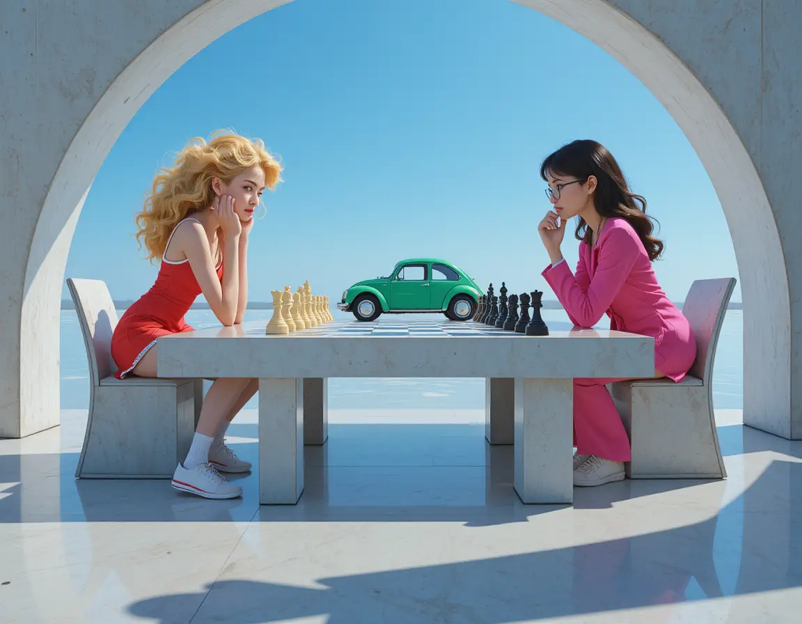 Young women playing chess on a concrete table outdoors