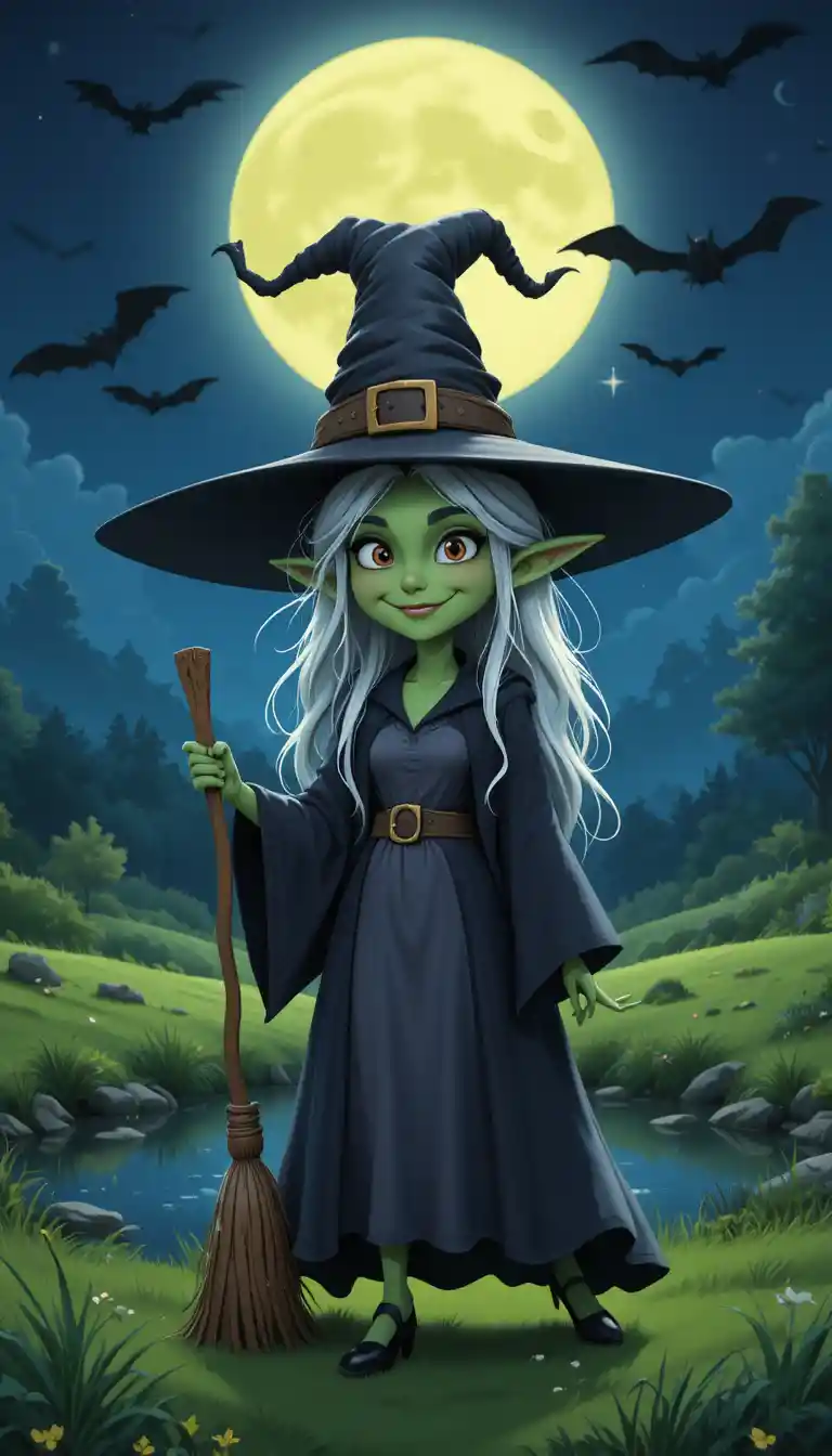 Cartoon witch by a moonlit pond under a starry sky