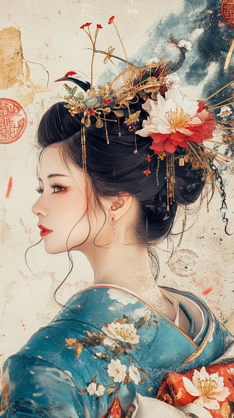 Elegant woman in teal kimono with floral hair ornaments