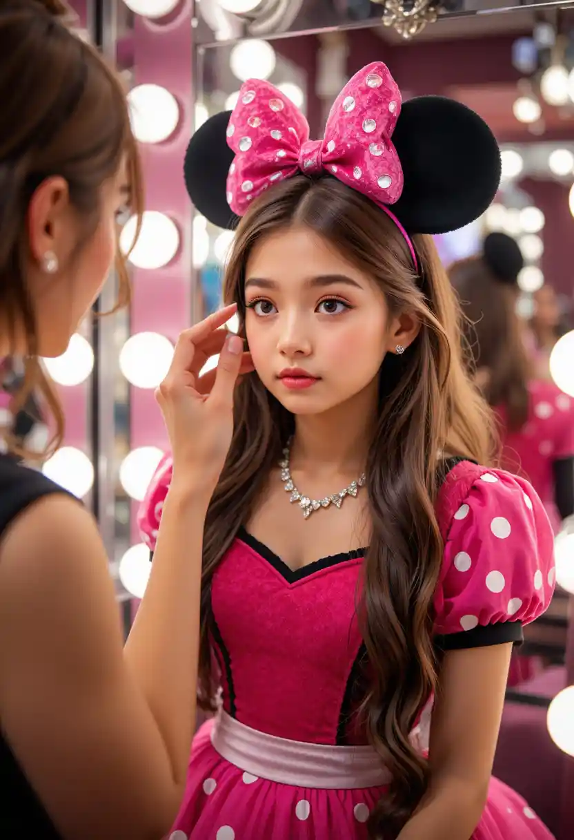 Ragazzo in abito rosa di Minnie truccato in boutique