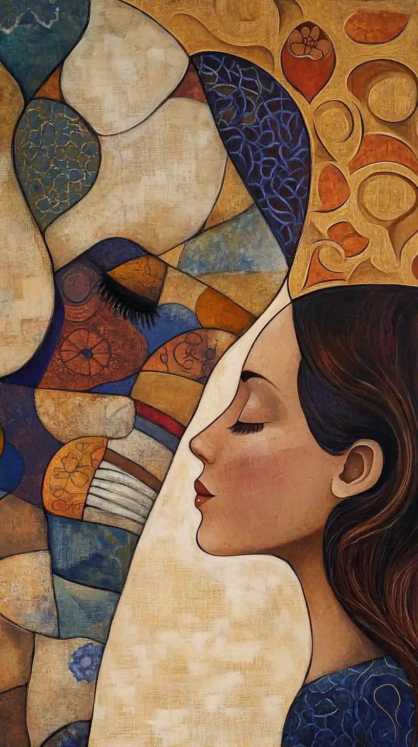 Abstract cubist woman touching foreheads with an elephant