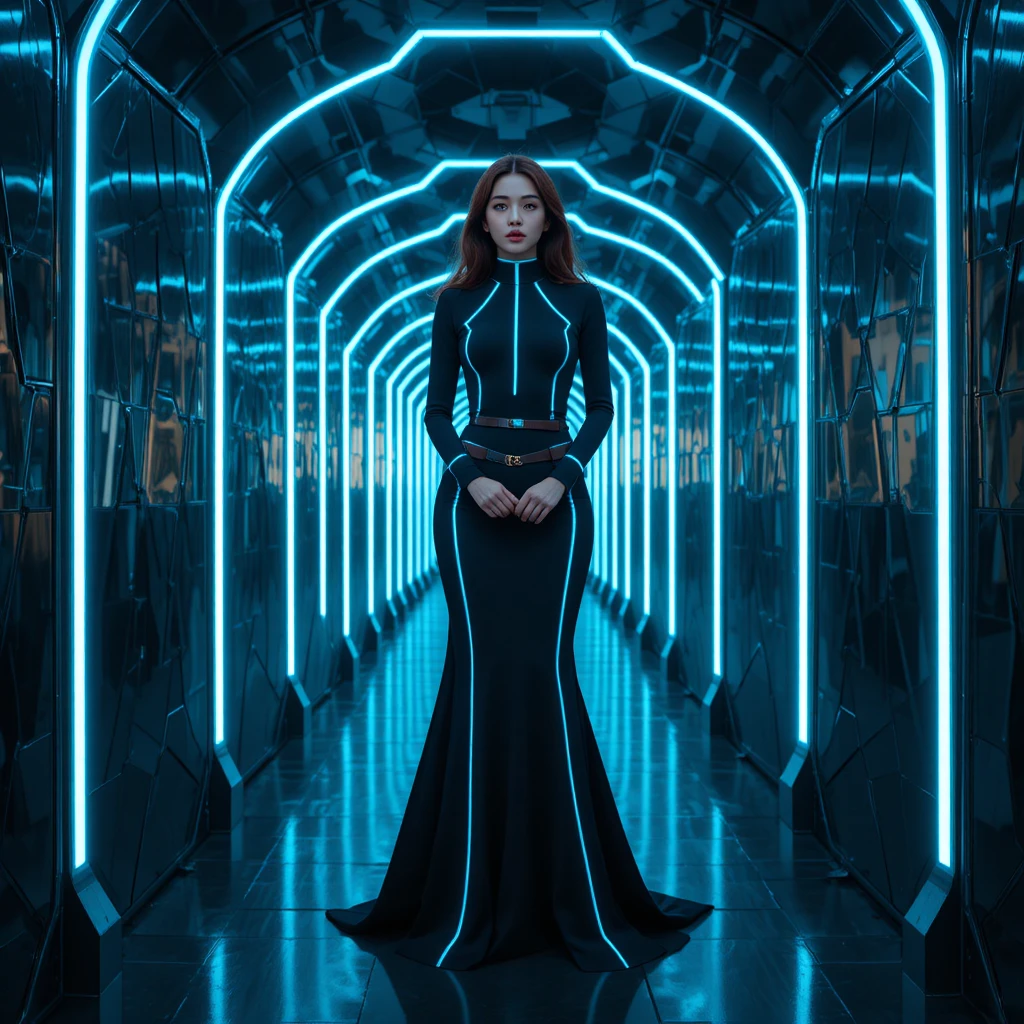 Korean woman in black neon gown in mirrored corridor