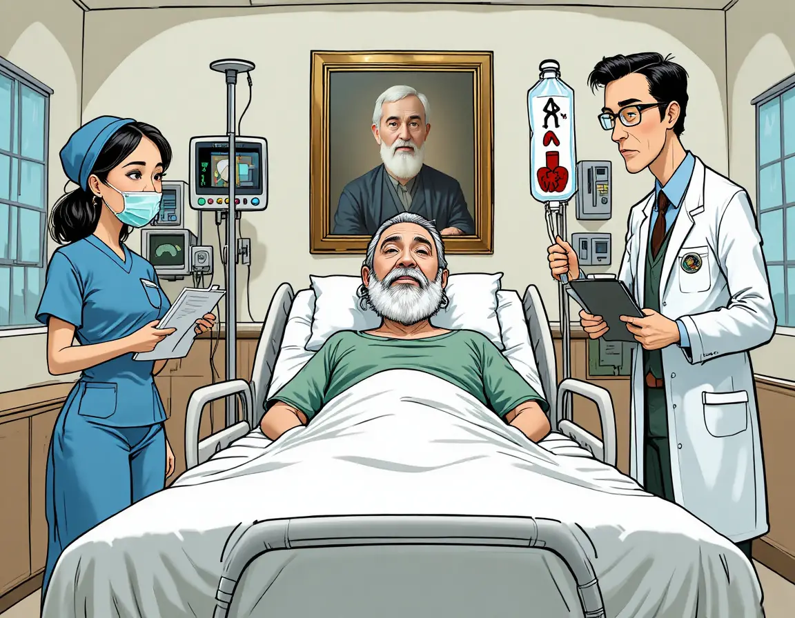 Doctors and nurses treating a patient in a quiet hospital room