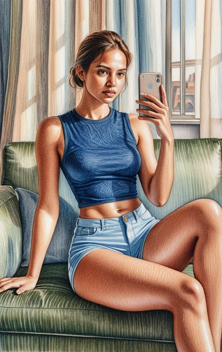 Giovane donna che si scatta un selfie allo specchio su un divano verde
