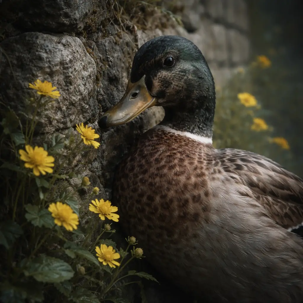 Pato junto a un muro de piedra con flores amarillas brillantes