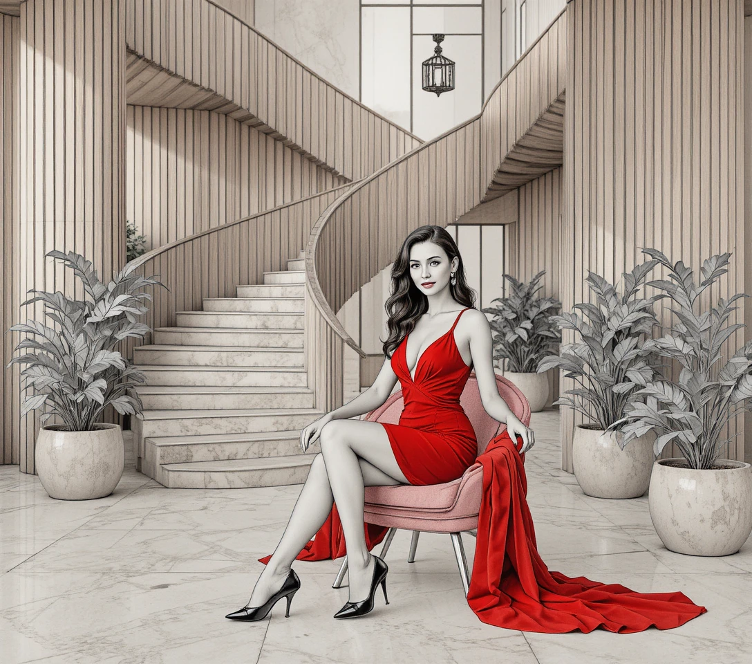 Elegante donna in abito rosso su sedia rosa di design