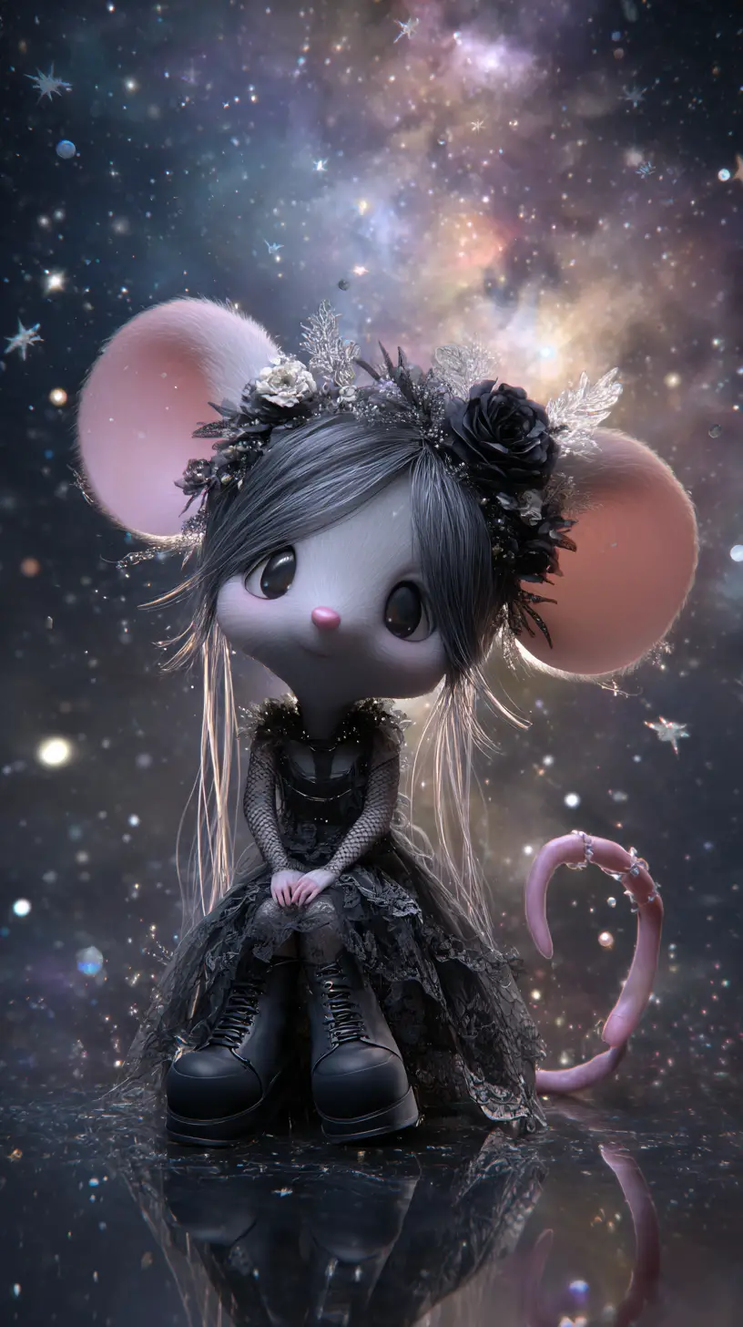 Cute gothic fantasy mouse girl under glowing night sky