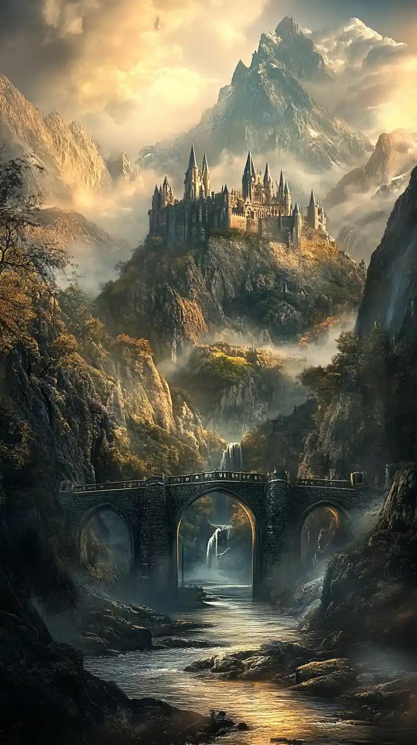 Ancient Stone Bridge Leading Toward A Castle In Misty Mountains