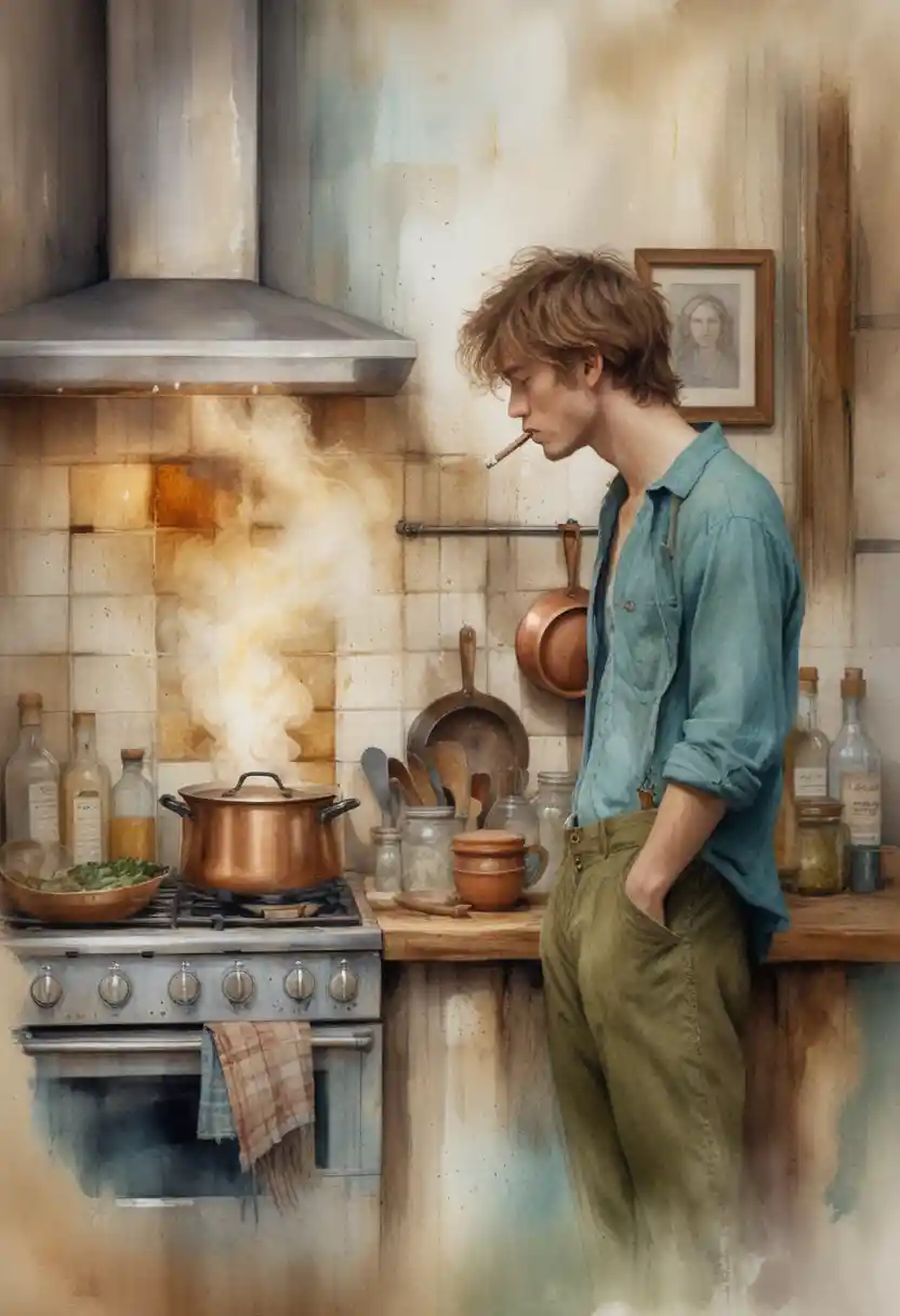 Young man smoking in a rustic bohemian kitchen