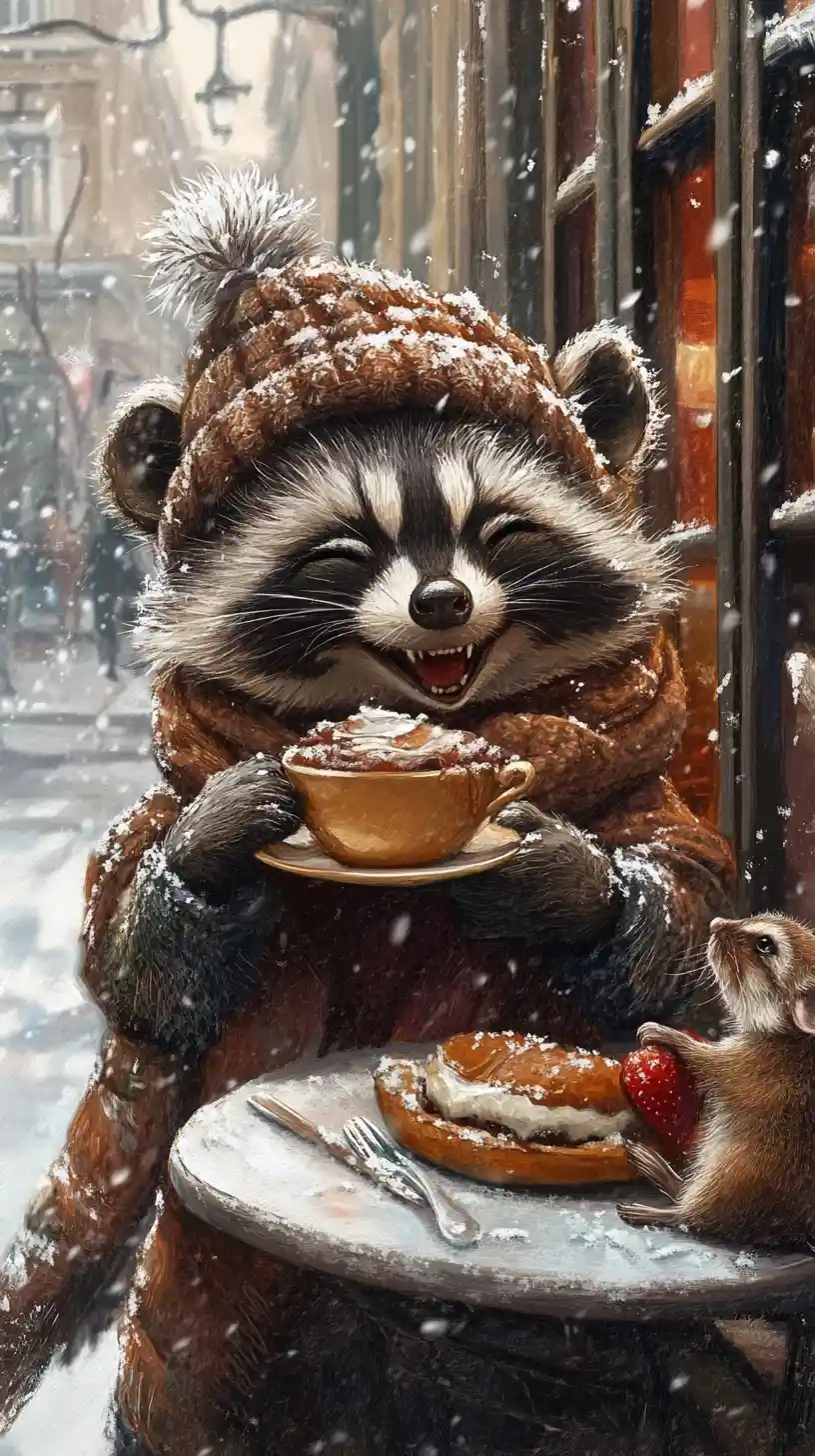 Smiling raccoon and mouse sharing breakfast in Paris winter
