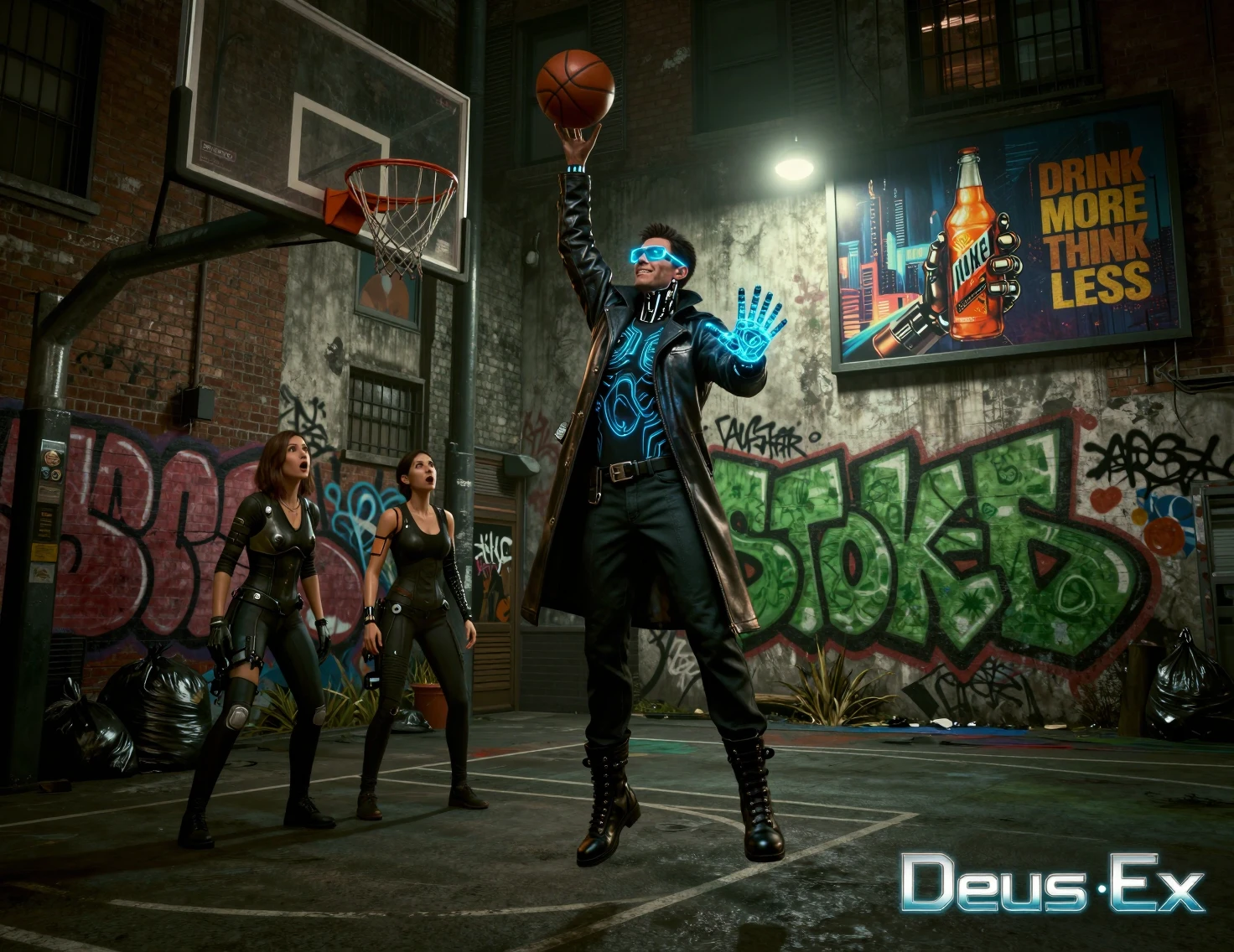 Cybernetic detective jumps for a shot in neon alley