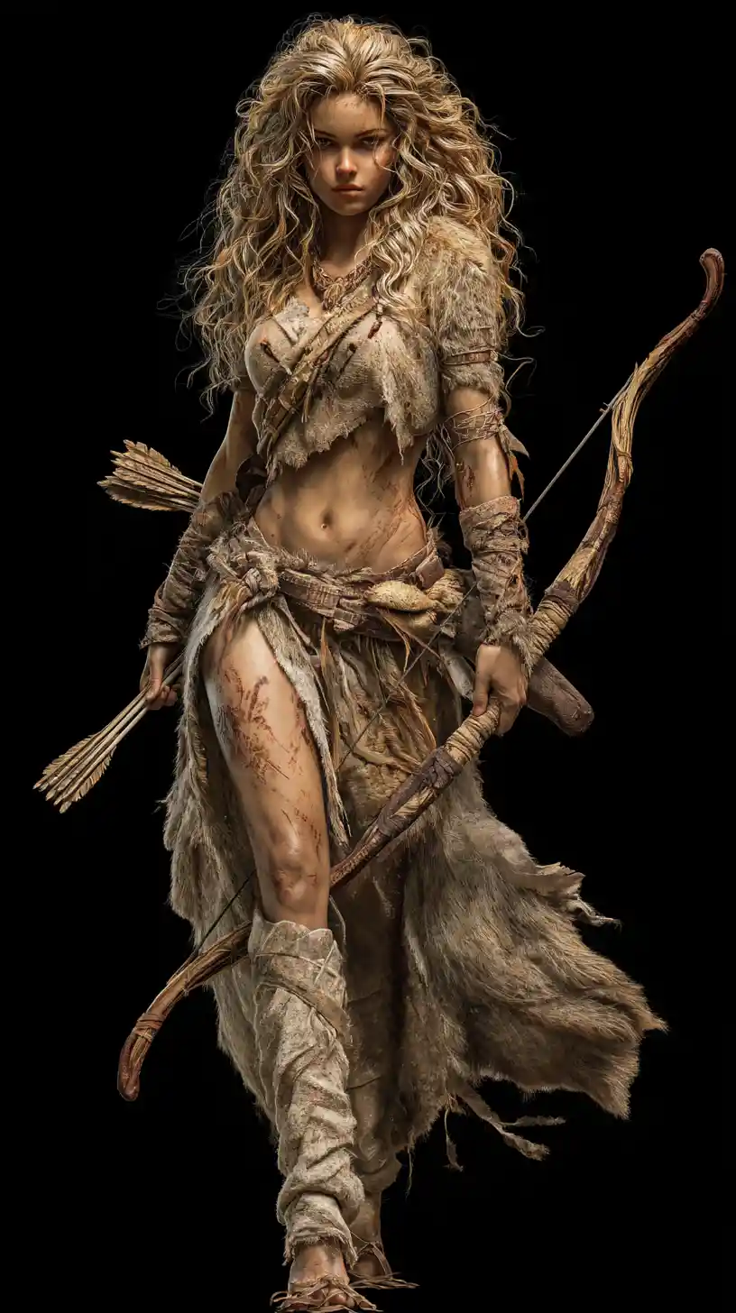 Fierce warrior maiden holding a bow in rugged wilderness