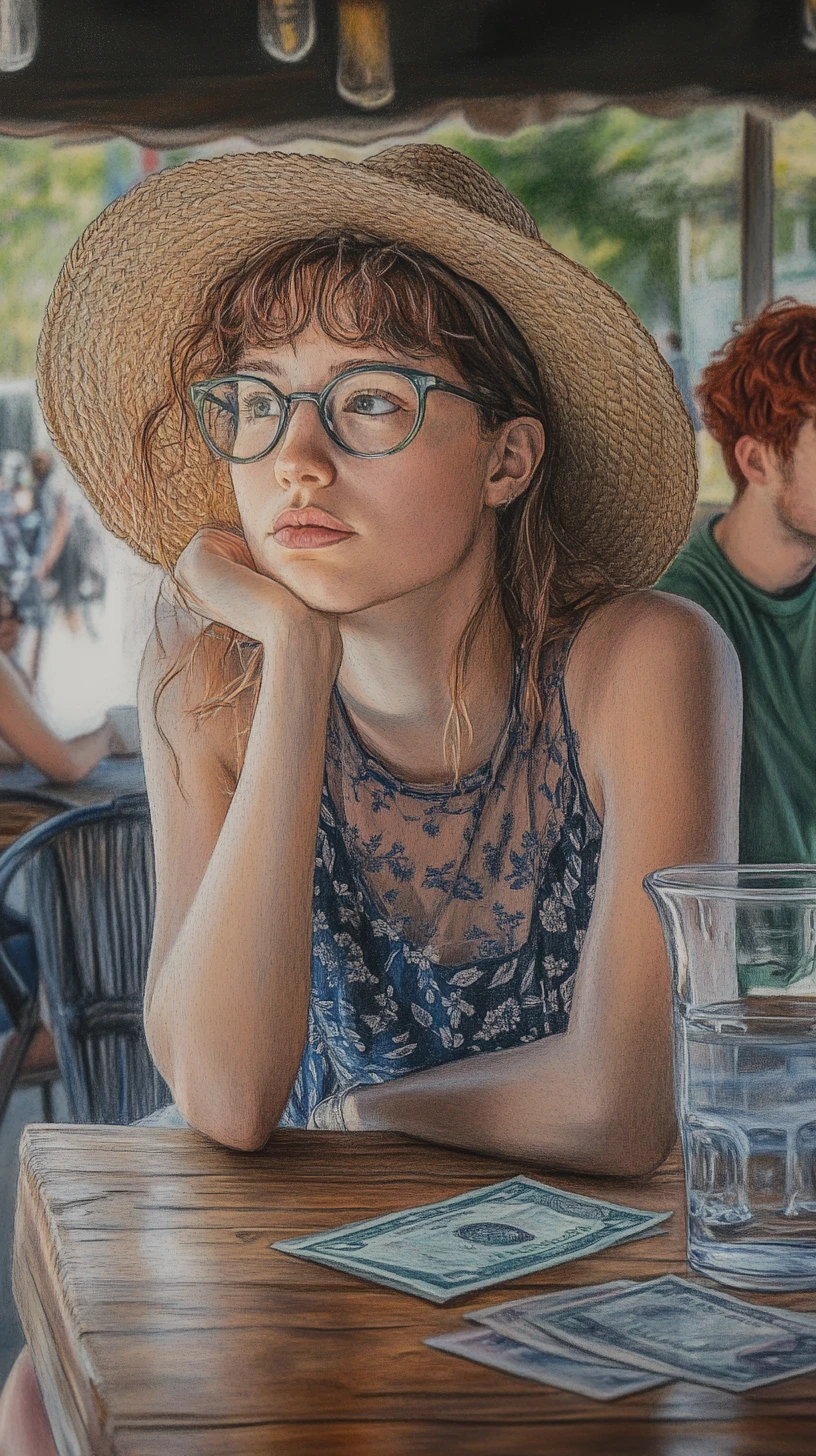 Pensive woman in straw hat at a quiet outdoor cafe