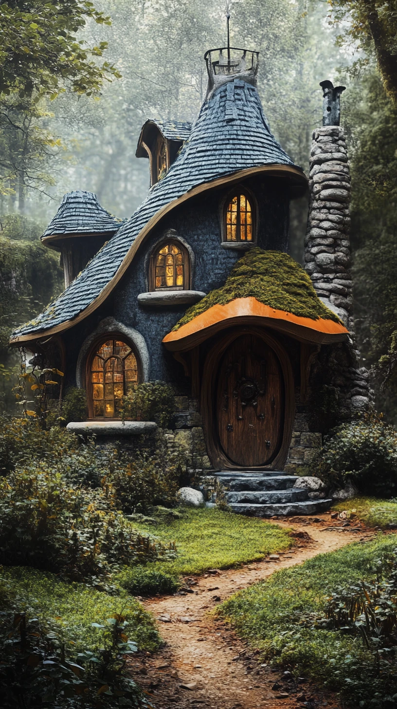 Vecchio cottage in pietra con tetto di muschio in un giardino selvaggio