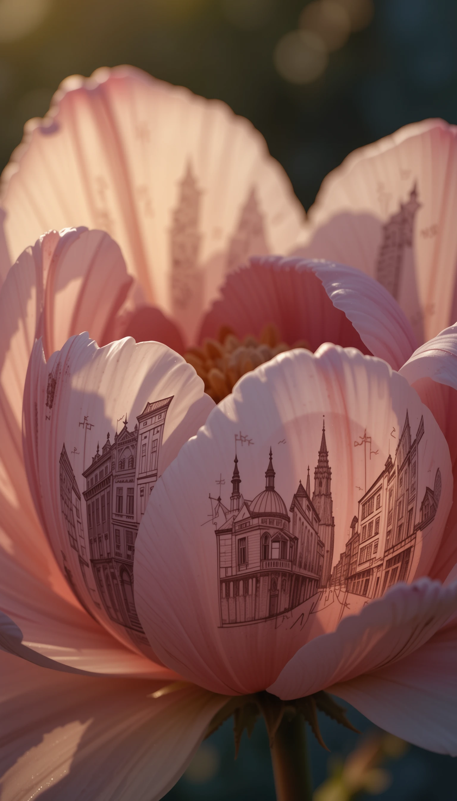 Nahaufnahme einer blühenden Blume mit nostalgischen Stadtskizzen auf den Blütenblättern