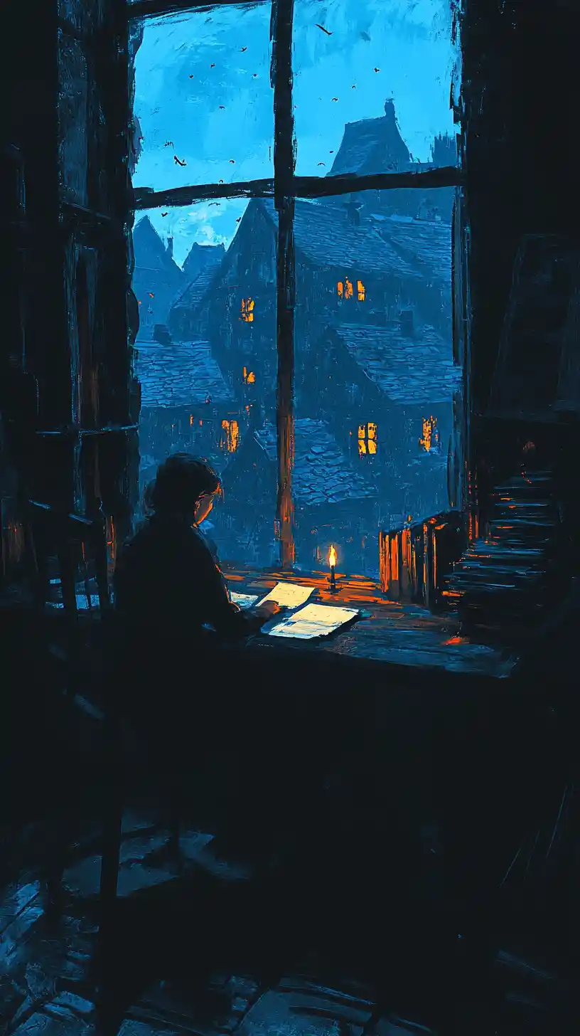 Woman writing by candlelight at a wooden desk