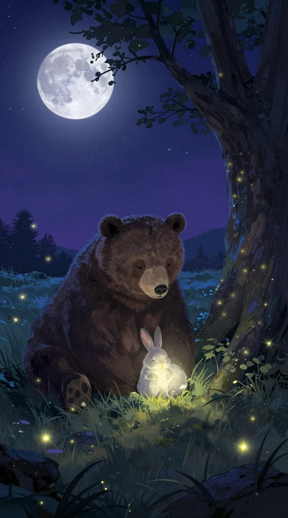 Orso che brilla dolcemente vegliando su un coniglio addormentato