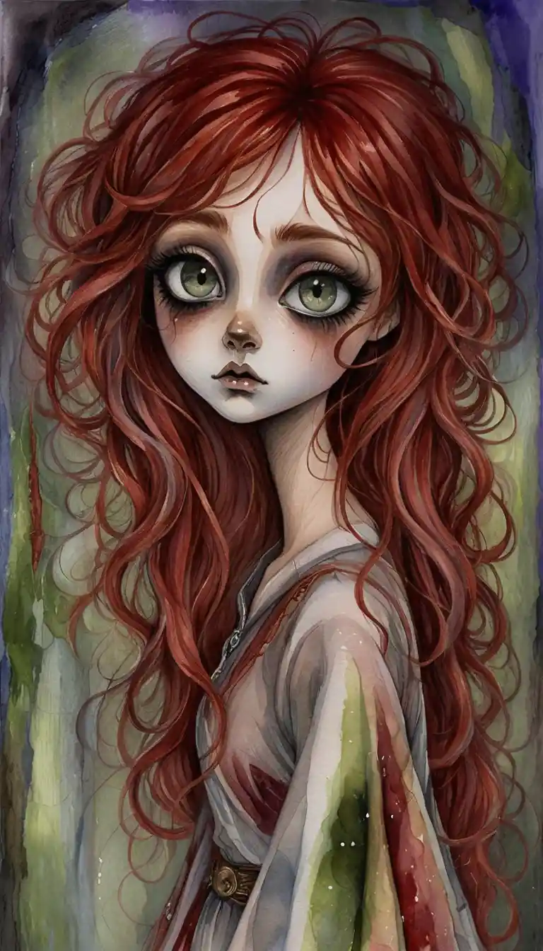 Androgynous gothic portrait with green eyes and tearful gaze
