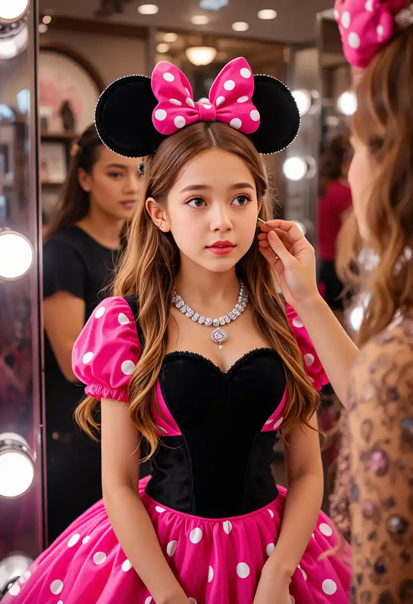 Boy in pink Minnie dress in boutique makeup room