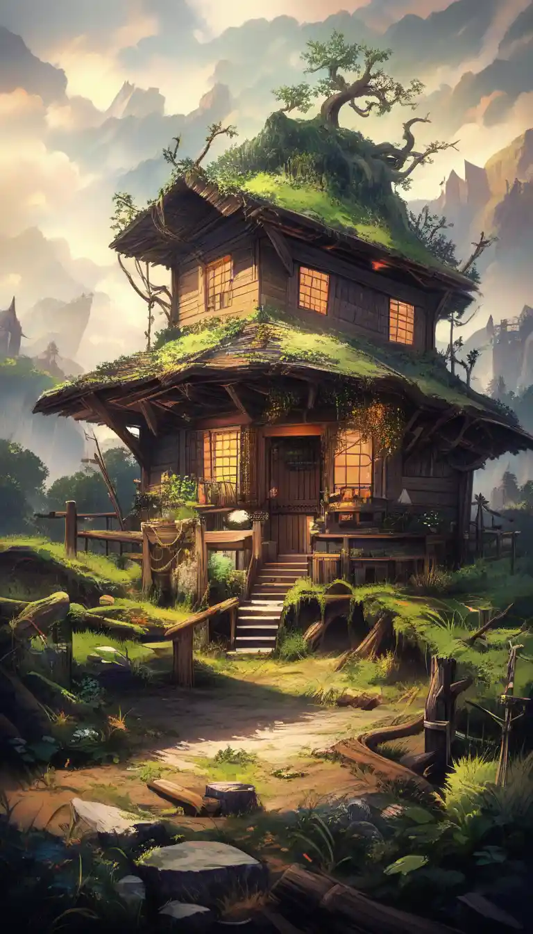 Antico cottage in un giardino oscuro e incolto di notte