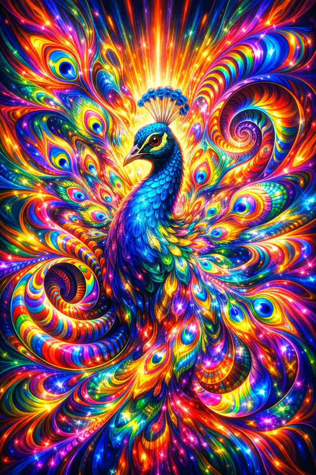 Psychedelic portrait of a vibrant peacock in swirling rainbow patterns