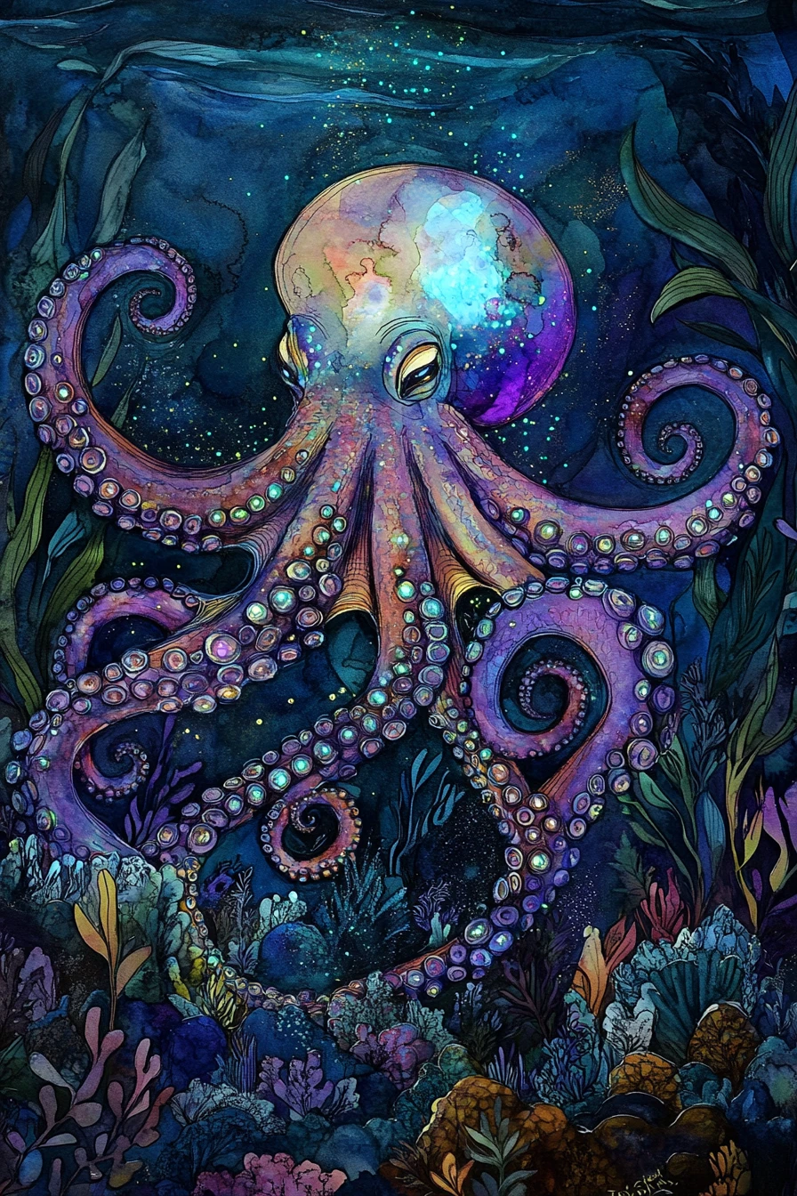 Bioluminescent octopus over lush plants on the ocean floor