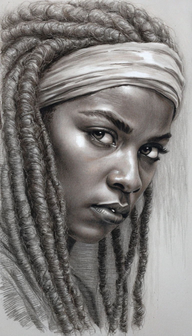 Graphite portrait of a young woman with defiant downward gaze