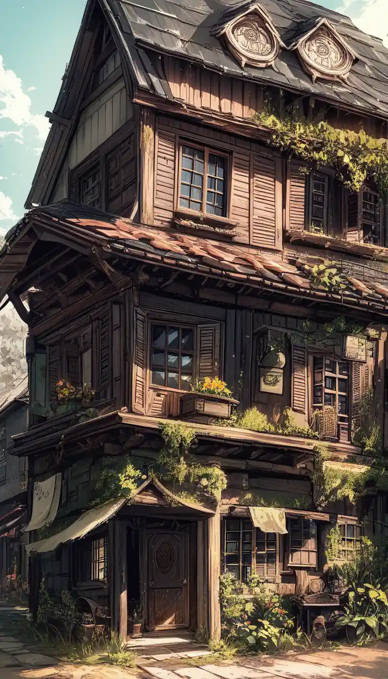 Old stone cottage with gothic door in wild garden