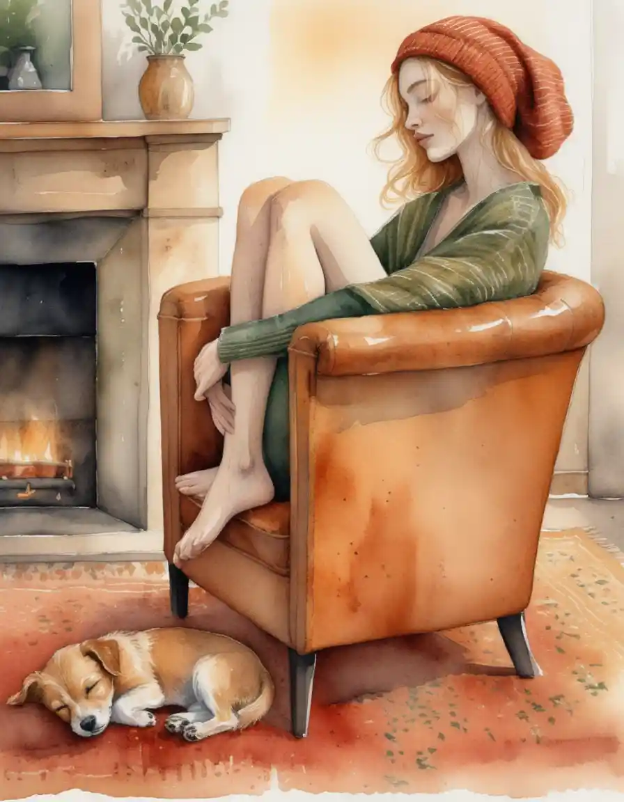 Cozy woman reading in a leather chair by warm winter light