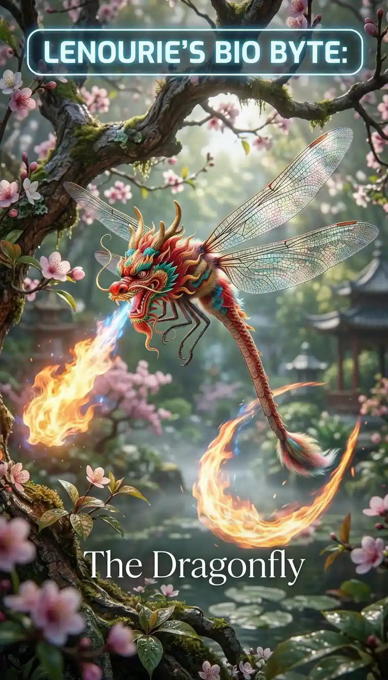 Fire breathing dragonfly dragon hovering in an asian garden