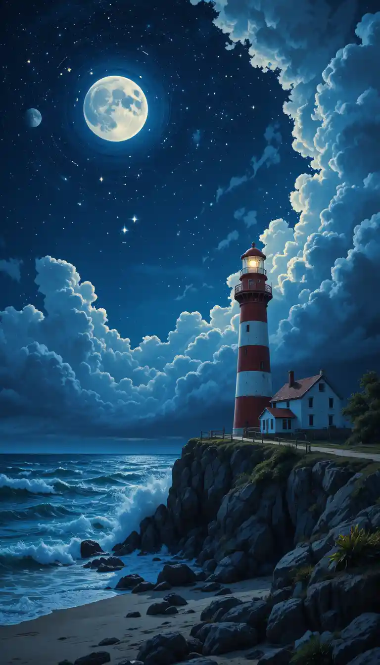 Faro che illumina un mare notturno tempestoso in stile zentangle