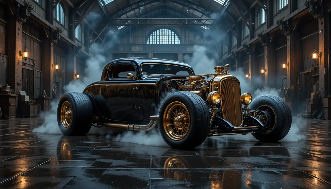 Retro futuristic hot rod in a shadowy industrial warehouse